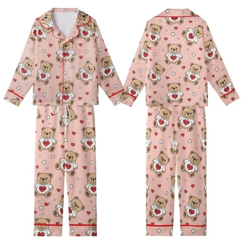 Sweetheart's Blush Pink: Cute Teddy Bear Hoodie SMILE Design Comfortwear Kid Satin Pajamas Set