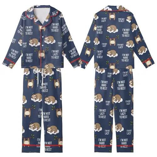 Sloth Lover's Cute Flat Navy Sloth Pattern with 'Work Hard To Rest' Message Loungewear Kid Satin Pajamas Set