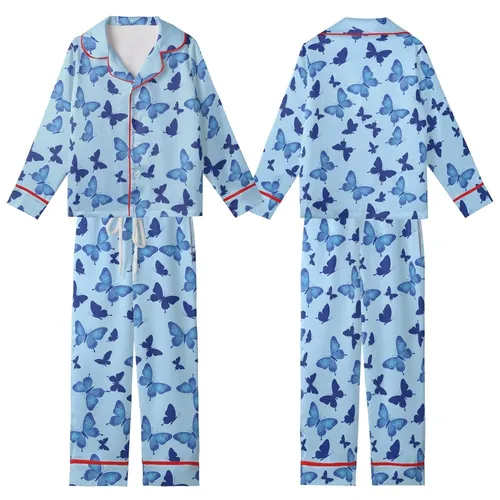 Nature Lover's Multitude of Indigo & Royal Blue Butterflies Dynamic Flight Wearable Art Kid Satin Pajamas Set