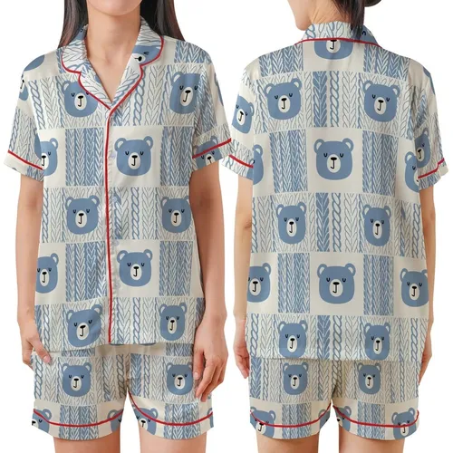 Cozy Comfort Lover's Dusty Blue & Cream Bear Faces with Cable Knit Accents Satin Short-Sleeve Pajamas Set