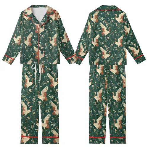 Elegant East Asian Inspired: Cream Ink Wash Cranes Peach Beige Wisteria - Wearable Art Kid Satin Pajamas Set