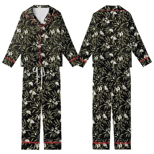Nature Lover's Elegant Motif: Intertwined Olive Leaves & White Blossoms on Deep Black Wearable Design Kid Satin Pajamas Set
