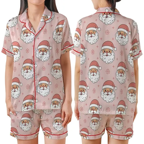 Cheerful Christmas: Whimsical Santa Faces, Pastel Pink Snowflakes - Cozy Festive Wear Satin Short-Sleeve Pajamas Set