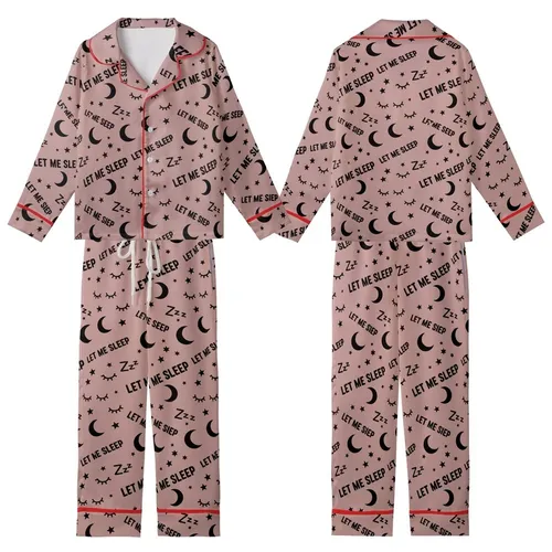 Cozy Dreamer's Dusty Rose 'LET ME SLEEP' Moons Stars Zzz Eyes Pattern Kid Satin Pajamas Set