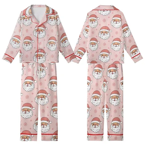 Cheerful Christmas: Whimsical Santa Faces, Pastel Pink Snowflakes - Cozy Festive Wear Kid Satin Pajamas Set