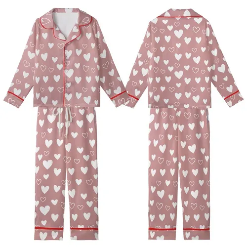 Whimsical Dreamer: Dusty Rose Scattered White Hearts Outline Design Satin Short-Sleeve Pajamas Set