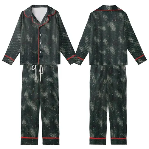Modern Abstract: Dark Forest Green Charcoal Ribbed Knit Texture with Golden Brass Dots Print Design Kid Satin Pajamas Set