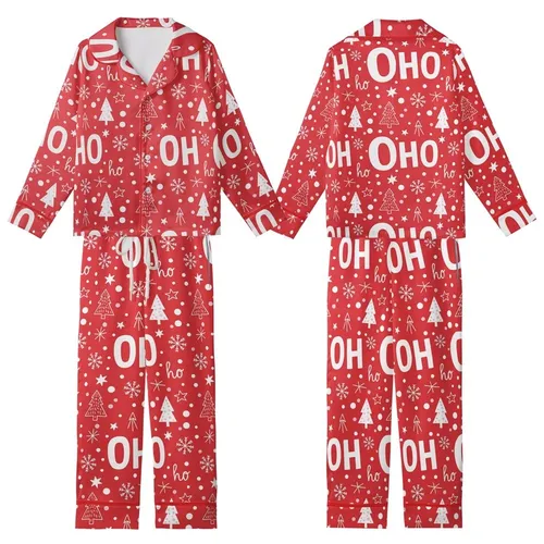 Christmas Reveler: OH HO ho Text, White Snowflakes, Trees, Stars on Bright Red Kid Satin Pajamas Set