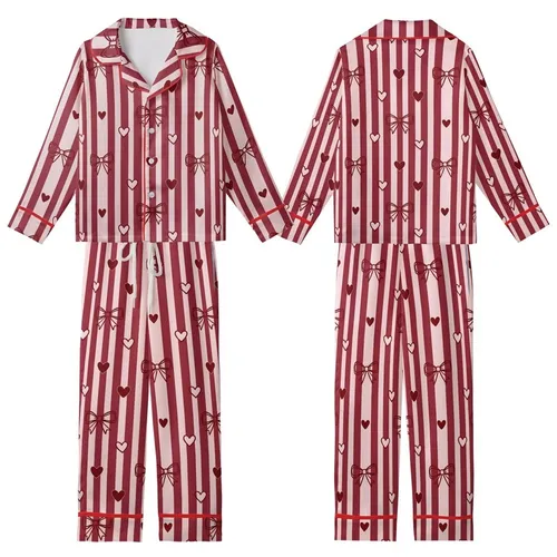 Sweetheart's Delight: Pale Pink Crimson Vertical Stripe Bow & Heart Satin Short-Sleeve Pajamas Set