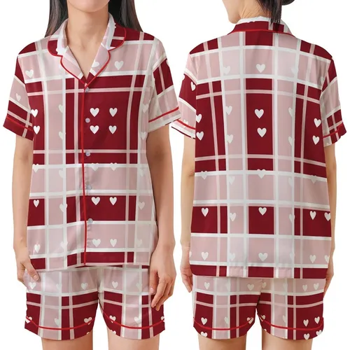 Sweetheart Style: Deep Crimson Pink Geometric Plaid & White Hearts - Custom Wearable Motif Satin Short-Sleeve Pajamas Set