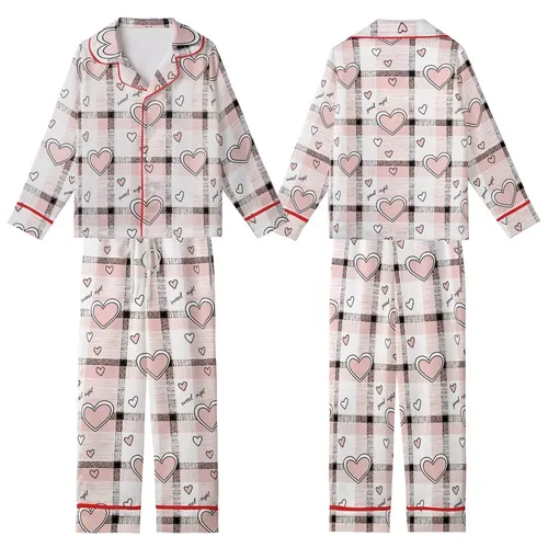 Gentle Plaid: Sweet Dreams Hearts & "Good Night" Text Design in Pink, Black, White, Charcoal Grey Kid Satin Pajamas Set