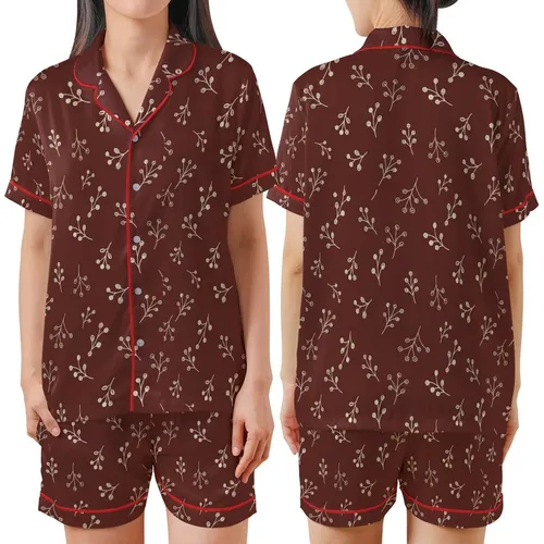 Retro Style Enthusiast's Tiny Cream Leaf & Berry Scatter on Deep Reddish-Brown Hand-Drawn Design Satin Short-Sleeve Pajamas Set