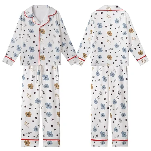 Minimalist Botanical Delicate Ash Blue Taupe Plum Sprigs Pure White Top Kid Satin Pajamas Set