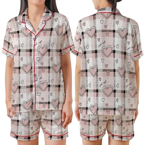 Gentle Plaid: Sweet Dreams Hearts & "Good Night" Text Design in Pink, Black, White, Charcoal Grey Satin Short-Sleeve Pajamas Set