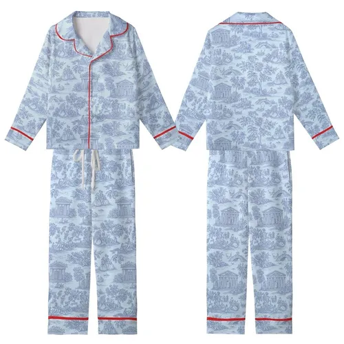 Classic Toile de Jouy: Serene Pastoral Scene & Blue Botanical Pattern Kid Satin Pajamas Set