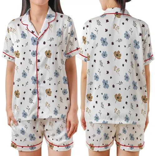 Minimalist Botanical Delicate Ash Blue Taupe Plum Sprigs Pure White Top Kid Satin Pajamas Set