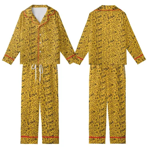 Whimsical Soul's Yellow Hand-Drawn Love Script, Scattered Outline Hearts, Flowers, Stars Piece Kid Satin Pajamas Set