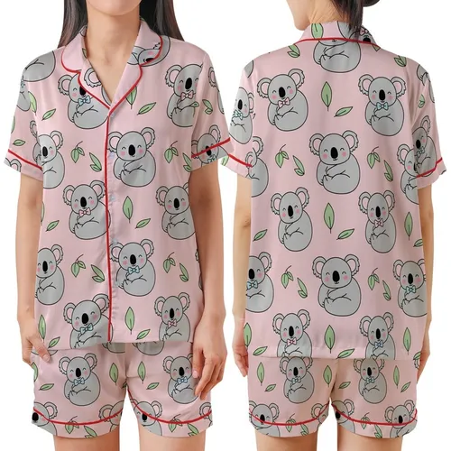 Koala Lover's Playful Grey Cartoony Koalas Pink & Blue Bowties Pastel Pink Eucalyptus Pattern Satin Short-Sleeve Pajamas Set