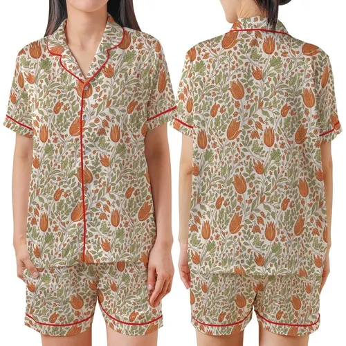 Hand-Drawn Vintage Botanical Foliage Blooms: Rusty Orange Sage Green Tulip Design Satin Short-Sleeve Pajamas Set