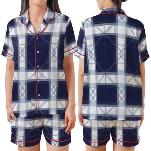 Timeless Style: Deep Navy White Light Blue Grey Geometric Tartan Plaid Wearable Textile Satin Short-Sleeve Pajamas Set