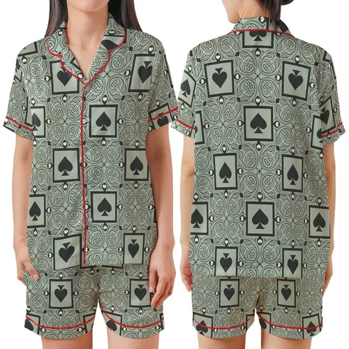 Classic Heritage Motif: Greek Key Acanthus Heart Spade Pattern - Sage Charcoal Decorative Fabric Satin Short-Sleeve Pajamas Set