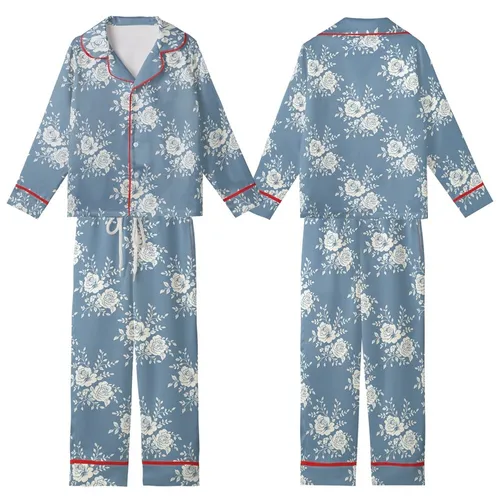 Women's Elegant Rose Bloom: Dusty Blue & White Painterly Botanical Pajama Set Kid Satin Pajamas Set