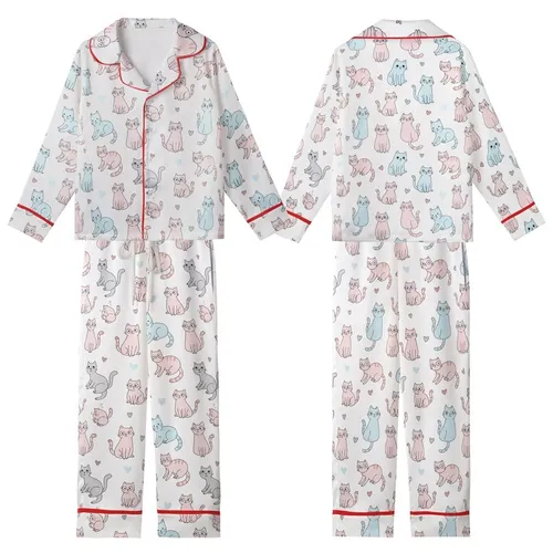 Feline Fan's Whimsical Pastel Cartoon Cats: Curious, Stretching, Sitting Figures All-Over Print Kid Satin Pajamas Set