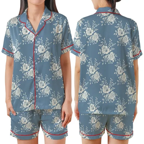Women's Elegant Rose Bloom: Dusty Blue & White Painterly Botanical Pajama Set Satin Short-Sleeve Pajamas Set