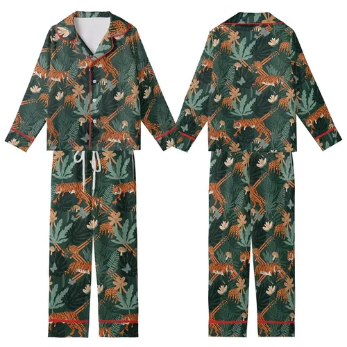 Nature Lover's Vintage Forest Green Jungle: Orange Black Tiger Leopard & Butterfly Motif - Unique Design Kid Satin Pajamas Set