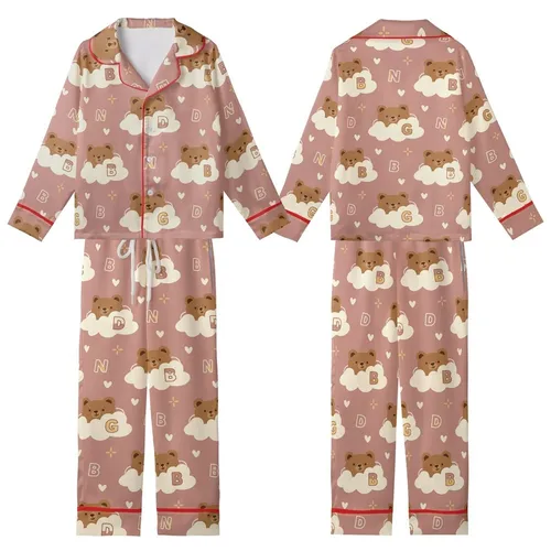 Whimsical Bear Cloud Fantasy: Dusty Rose Hearts Starburst Alphabet Wearable Art Kid Satin Pajamas Set