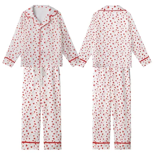 Romantic Hand-Sketched Red Hearts & Wispy Tendrils All-Over Wearable Kid Satin Pajamas Set