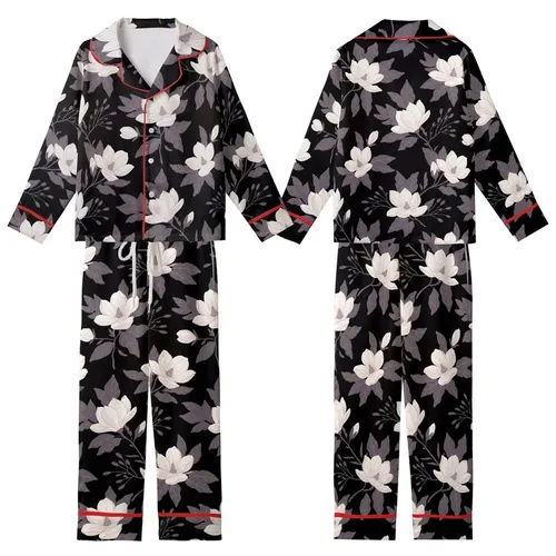 Women's Elegant Off-White Pink Magnolia Lavender Botanical Black Background Print Loungewear Item Kid Satin Pajamas Set