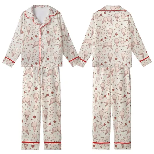 Sweet Tooth Enthusiast Whimsical Pink Ice Cream Cone Scoop Cherry Pattern Kid Satin Pajamas Set