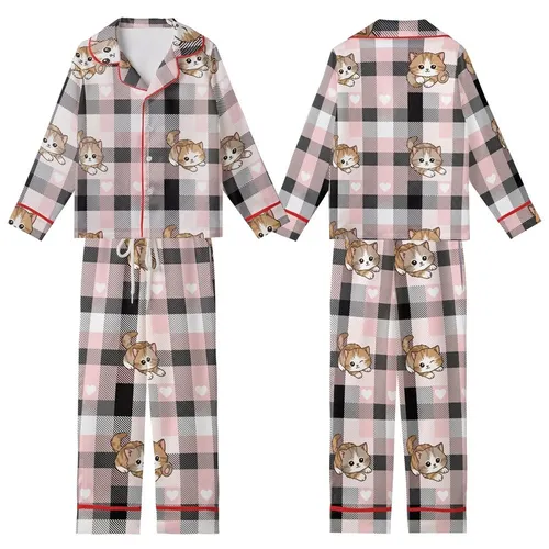 Kitten Lover's Adorable Fluffy Baby Kittens Pink Plaid Hearts: Black White Gray Hatched Design Kid Satin Pajamas Set