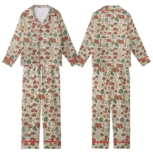 Nature Lover's Whimsical Hand-Drawn Mushroom Pattern: Earthy Terracotta & Sage Fungi Design Kid Satin Pajamas Set