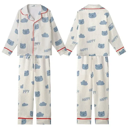 Cozy Comfort Seeker: Faux Cable Knit Bear Cloud HAPPY Design - Creamy Off-White & Muted Blue-Grey Piece Kid Satin Pajamas Set