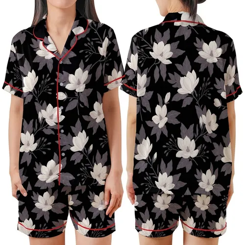 Women's Elegant Off-White Pink Magnolia Lavender Botanical Black Background Print Loungewear Item Satin Short-Sleeve Pajamas Set