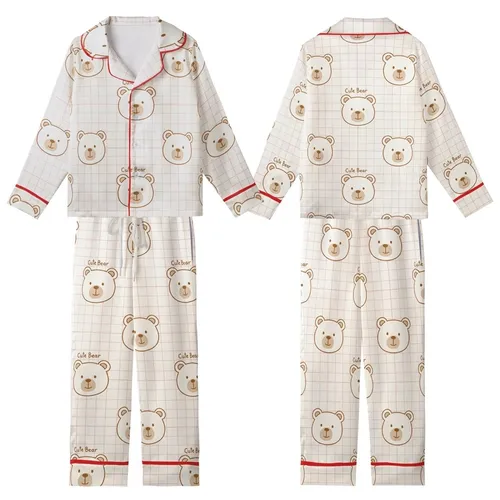 Cozy Bear Lover's Charming Hand-Drawn Brown & Pink Plaid Motif Kid Satin Pajamas Set