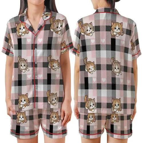 Kitten Lover's Adorable Fluffy Baby Kittens Pink Plaid Hearts: Black White Gray Hatched Design Satin Short-Sleeve Pajamas Set
