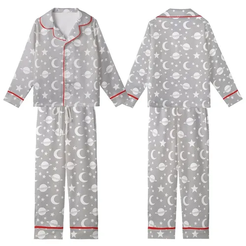 Cosmic Dreamer: White Monochromatic Stars Moon Planets All Over Print Design on Heather Grey Kid Satin Pajamas Set