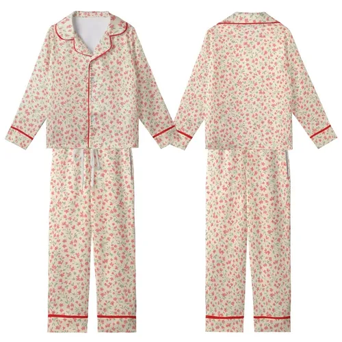Women's Delicate Wildflower Loungewear - Ditsy Coral Rose Pink Sage Green Kid Satin Pajamas Set
