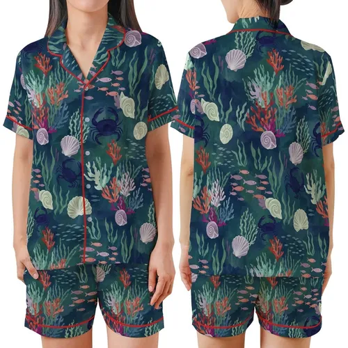 Ocean Explorer's Vibrant Underwater Marine Scene with Stylized Shells & Fish Wearable Art Satin Short-Sleeve Pajamas Set