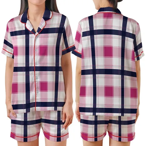 Geometric Plaid: Navy Fuchsia White Pastel Pink Light Grey Varying Width Grid - Wearable Design Item Satin Short-Sleeve Pajamas Set
