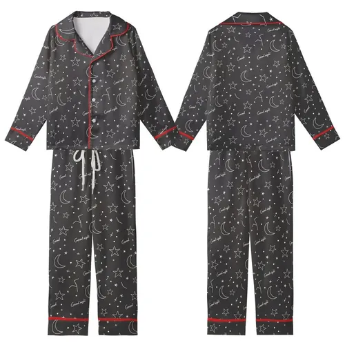 Celestial Dreamer's White Line Art Stars Moon 'Good Night' Script Sleep Set Kid Satin Pajamas Set