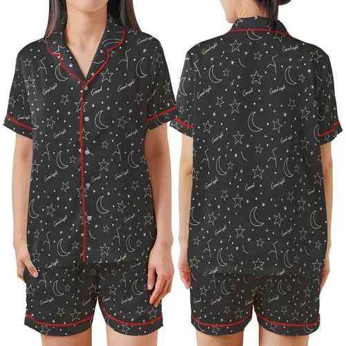 Celestial Dreamer's White Line Art Stars Moon 'Good Night' Script Sleep Set Satin Short-Sleeve Pajamas Set