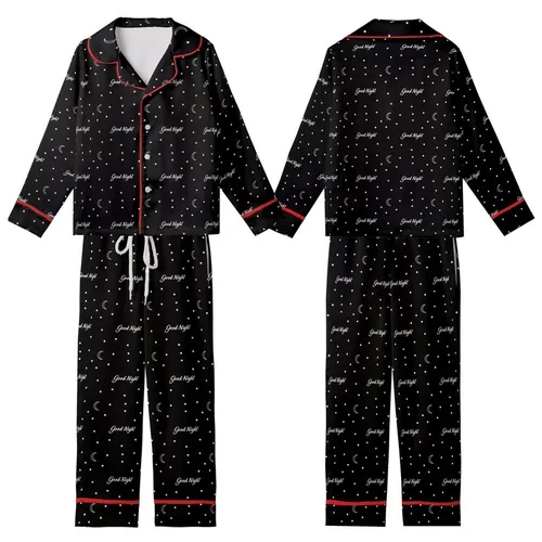 Dreamer's Cozy Wearable: Good Night Script, Crescent Moons & Stars - Minimalist Black White Kid Satin Pajamas Set