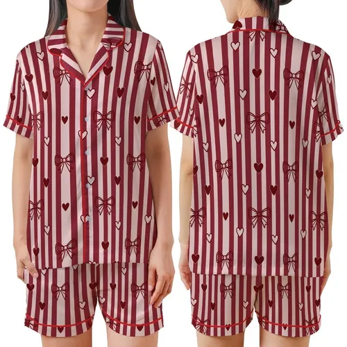Sweetheart's Delight: Pale Pink Crimson Vertical Stripe Bow & Heart Satin Short-Sleeve Pajamas Set
