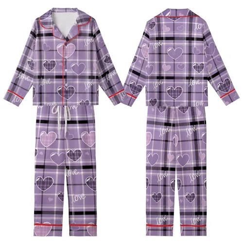 Romantic Lavender Purple Tartan Plaid Love Hearts Script Graphic Wear Kid Satin Pajamas Set