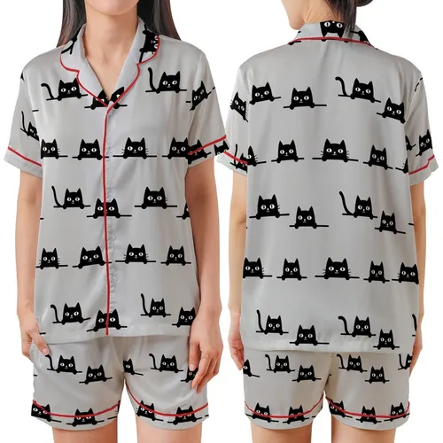 Cat Lover's Playful Peeking Black Cat Pattern - Heather Grey Tee Satin Short-Sleeve Pajamas Set