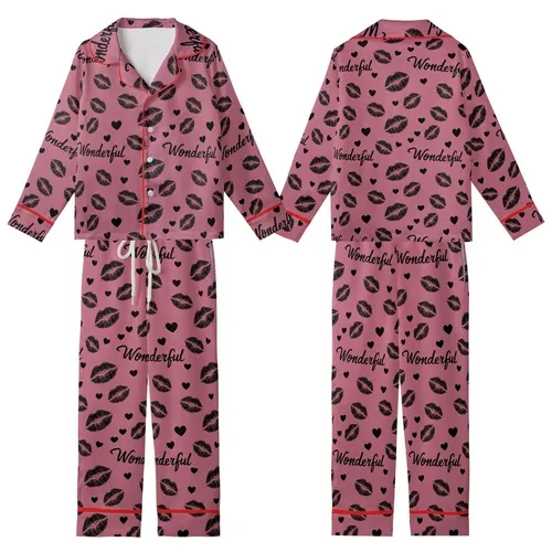 Expressive Woman's Distressed Black Lips & Wonderful Grunge Pattern - Heather Deep Pink Casual Top Kid Satin Pajamas Set